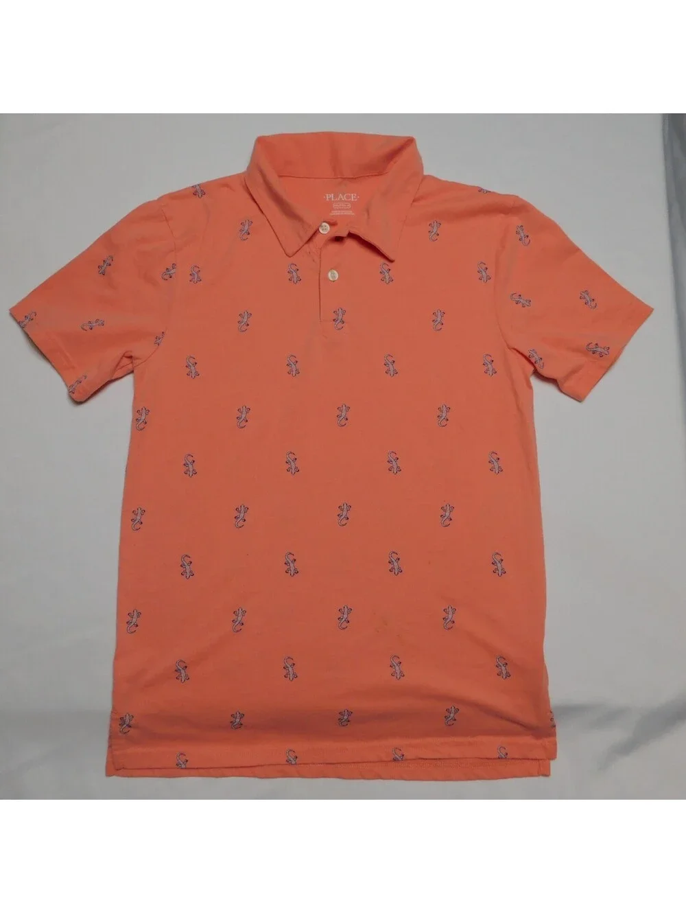 The Childrens Place Boys XXL 16 Polo Shirt Salmon Coral Pink Lizard Gecko All Ov
